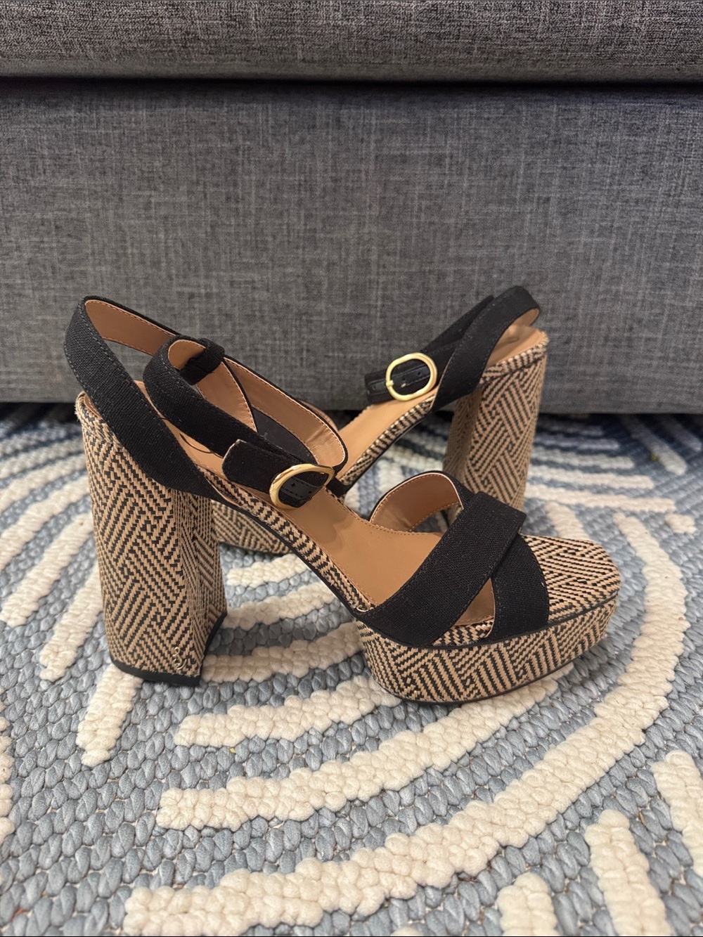 Sam Edelman Nolita Platform Block Heel Sandals Black Linen Raffia Size 10 NWOT